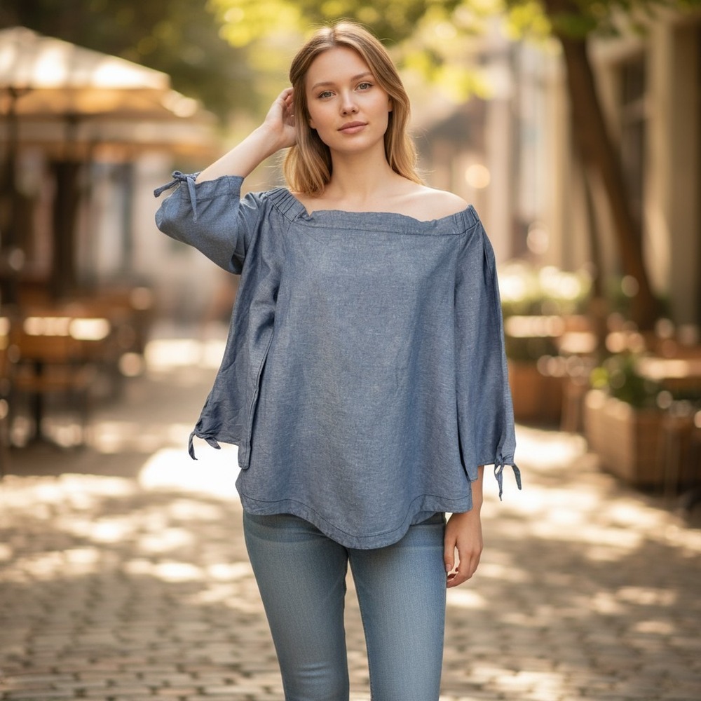 Free People Blouse Womens Small Off The Shoulder Tie Sleeve Blue Cotton Linen‎